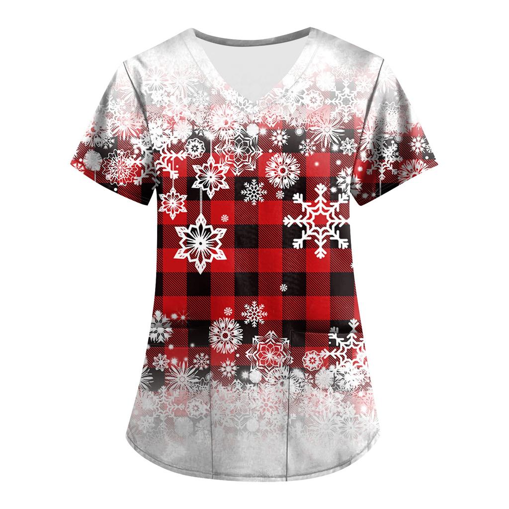 Большой размер Принтованный скраб Рабочая униформа Топы для женских V-образный вырез с запахом Принт Короткий рукав Веселые футболки Рабочая одежда Футболка с карманами