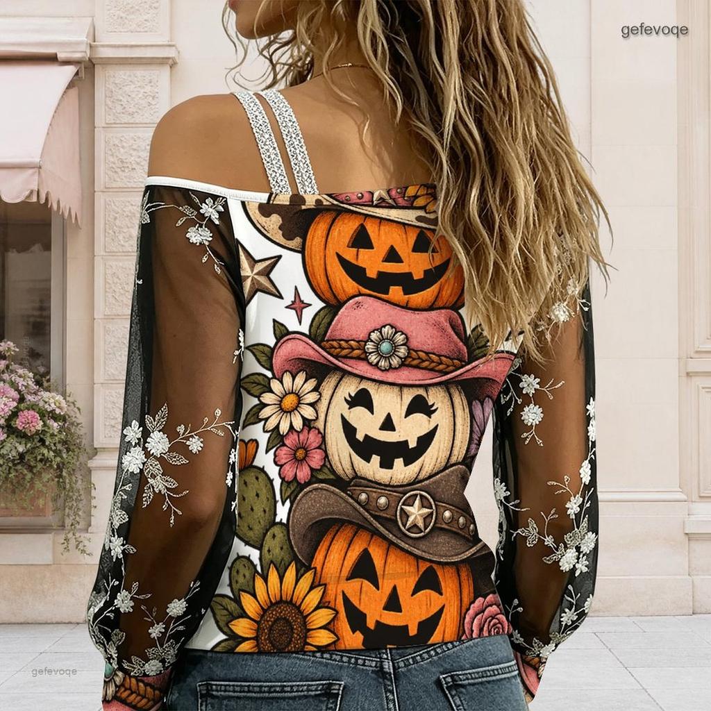 Women Plus Size Asymmetric Cold Shoulder Long Sleeve T Shirt Halloween Sloth Pumpkin Print Sheer Mesh Sleeve