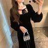 Japanese style, velvet skirt, retro square collar dress, spring and autumn thin temperament, famous big lady long dress