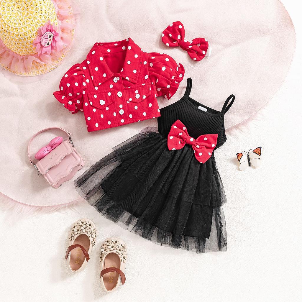 6M-3Y Children's Polka Dot Lapel Bubble Short-sleeved Jacket + Halter Bow Saree Girls Skirt Suit