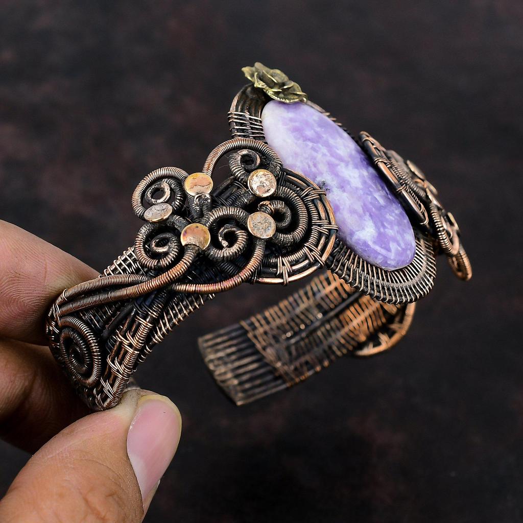 Лепидолитовый браслет, браслет из медной проволоки, регулируемый браслет-манжета, браслет с драгоценными камнями, ювелирные изделия из медной проволоки, цветочная манжета ручной работы, подарок для него