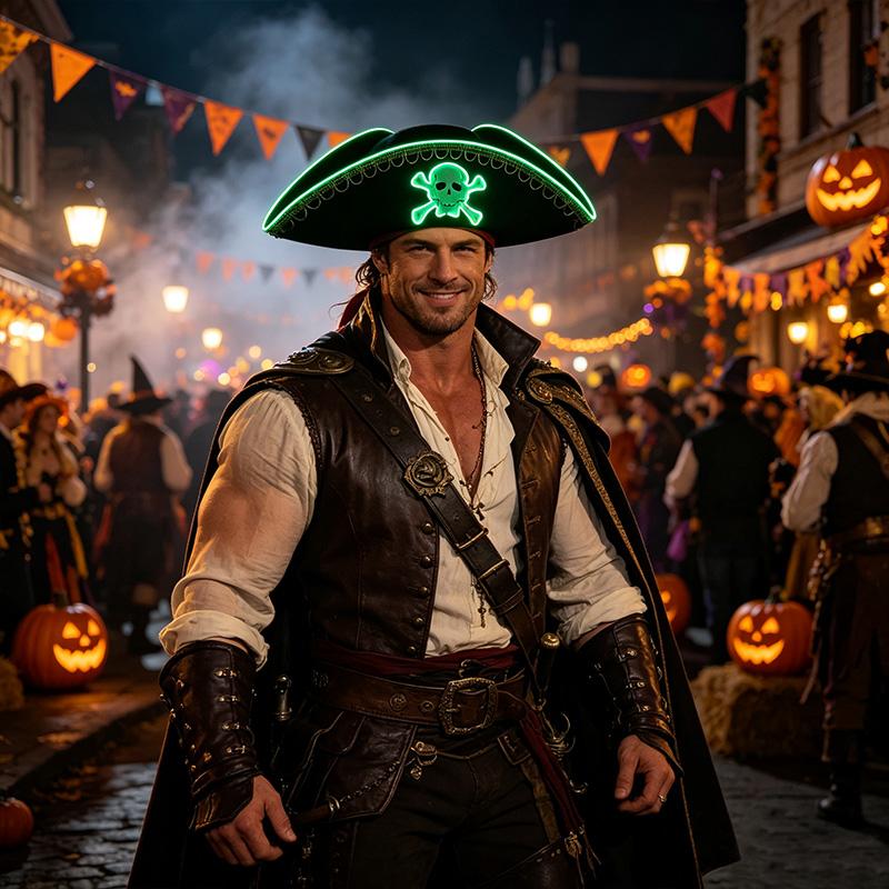 LED Halloween Pirate Hat Glow in the Dark Luminous Captain Cap Adult Size Cosplay Party Hats Carnival Festival Supplies