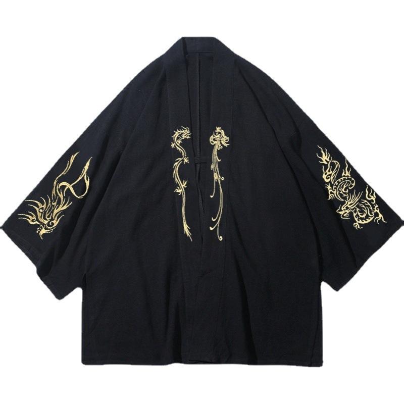 Fashion Costume Embroidery Hanfu Mens Chinese Style Robe Cardigan Jacket Oversized Kimono Ancient Coat Male