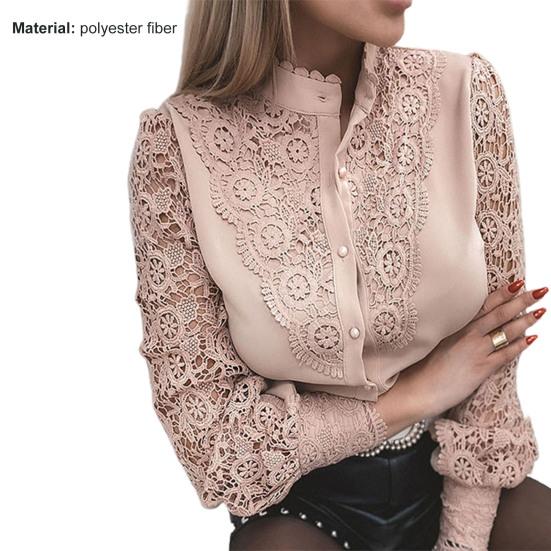 Женская рубашка, однотонная кружевная лоскутная весенняя однобортная офисная женская блузка с воротником-стойкой