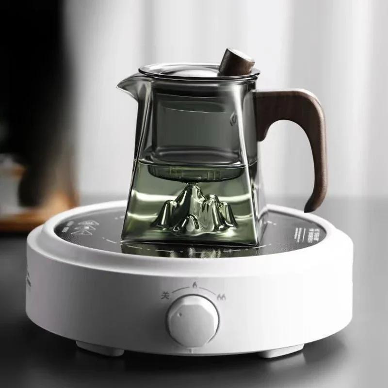 Жаропрочный квадратный прозрачный стеклянный китайский чайник для кунг-фу, бытовой чайник с деревянной ручкой и функцией разделения воды и чая, чайная утварь