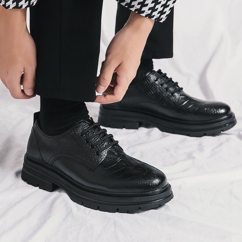 Классические черные корейские туфли с большой головкой из кожи с толстым крокодиловым узором, мужская повседневная обувь, модная мужская рабочая обувь