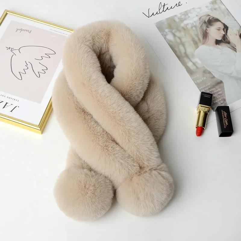 Women Fashion Autumn and Winter Newest Warm Scarf Fur Rabbit Plush Thick Scarf Solid Color Fur Ball Clothes Accessories New