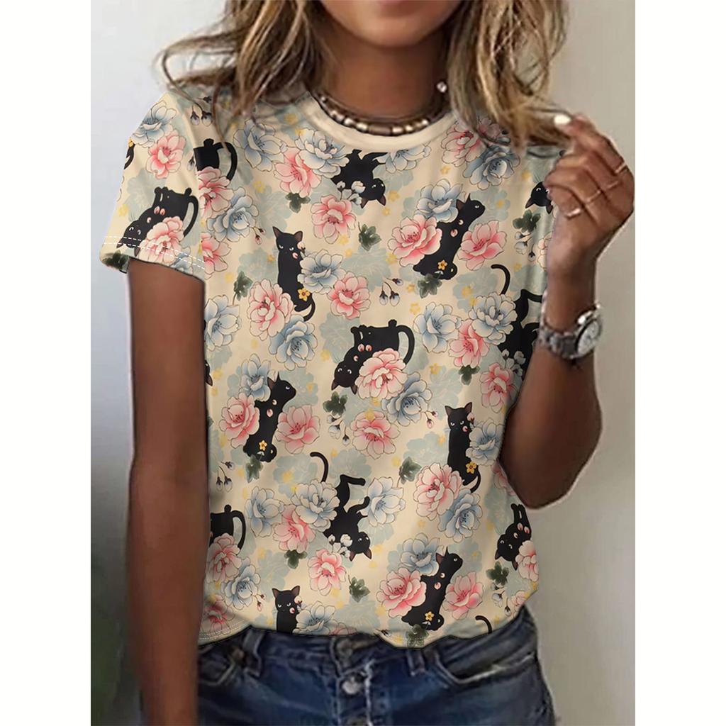 Летняя женская футболка с принтом кота, повседневная, с коротким рукавом, 3D, модная уличная одежда, женский свитер с круглым вырезом, свободная одежда