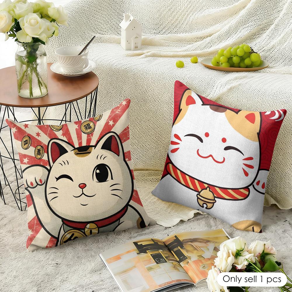 Japenes ManekiNeko Cushion Cover Natural Linen Organic Fabric DoubleSided Printing Sofa Home Decor Gift Pillow Case