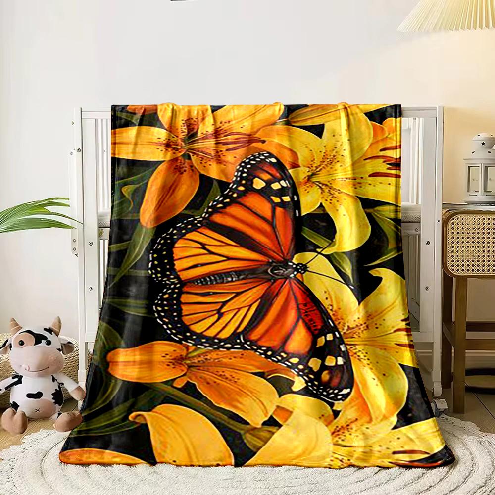 Monarch Butterfly on Yellow Lilies Flannel blanket for bedroom living room sofa and nap