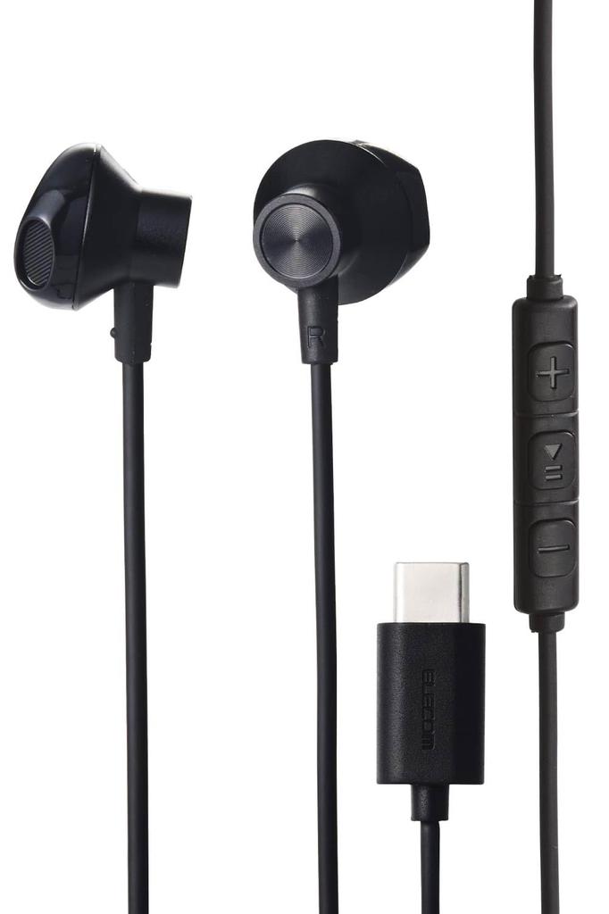 ELECOM Wired Earphones with Durable and No Control Compatible with iPhone Black Type-C In-Ear (Semi-Open Type) Cable, Break-Resistant, Audio/Video