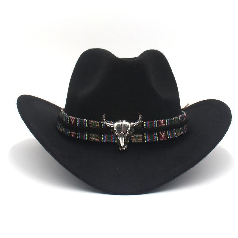 Western Cowboy-Style Wool Felt Hat with Bull Head Accent - Tibetan-Inspired Autumn/Winter Jazz Hat