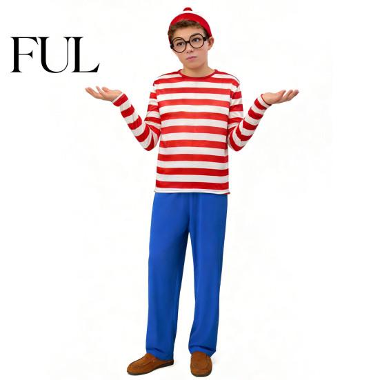 Red White Striped Shirt Halloween for Adults Kids, Nerd Glasses Matching Clothes Hat Included, Men Women Children Sweatshirt Cosplay Costume