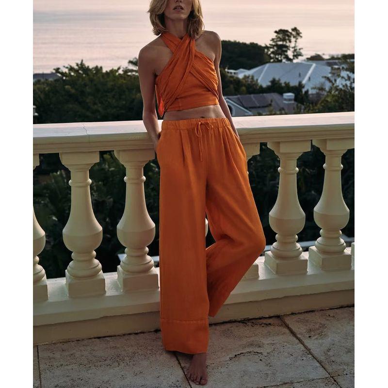 Spring New Arrival Casual Two-Piece Suit Hanging Collar Linen Tops 4043249 Linen Wide Leg Pants 4043243