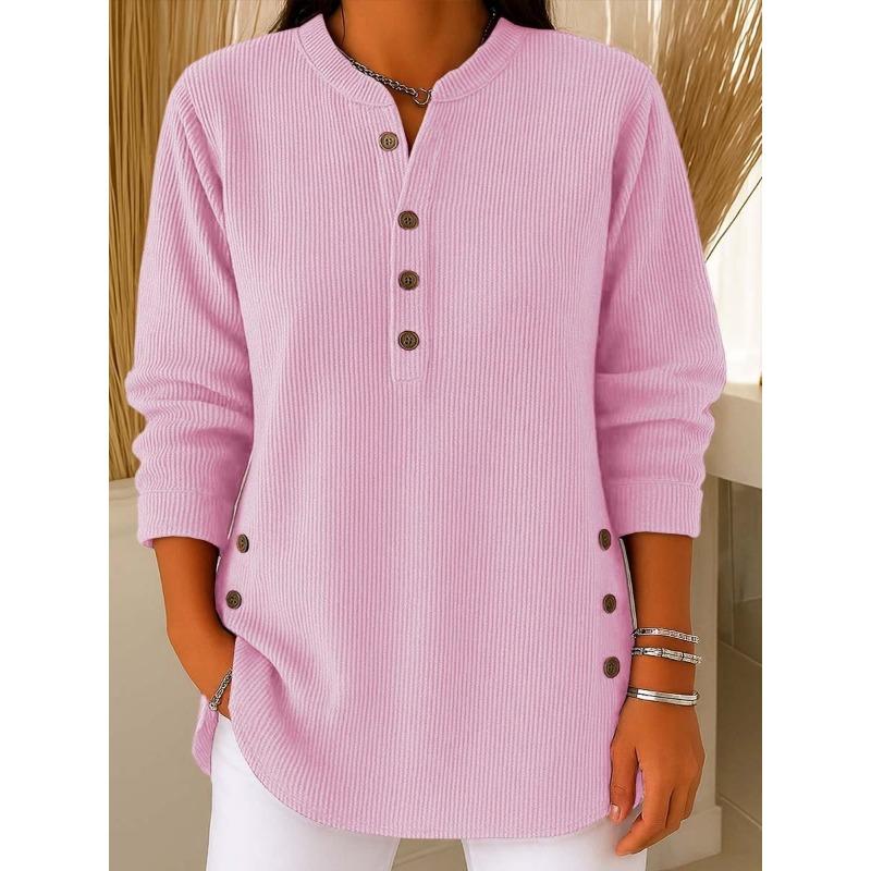 Женская ребристая вязаная футболка-henley с длинным рукавом, свободная туника с боковыми пуговицами