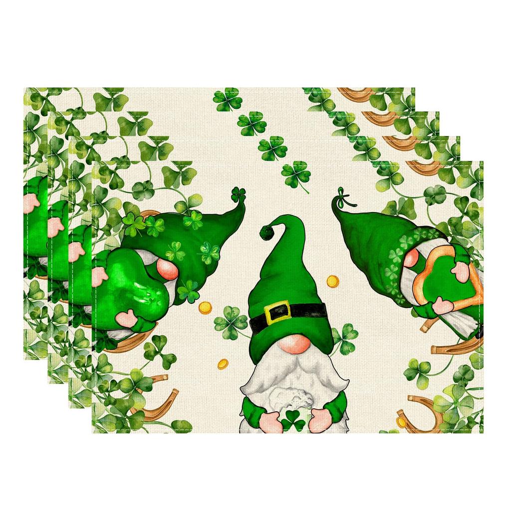 Gnomes Green Shamrocks Clovers Horseshoes St. Patrick's Day Placemats Set of 4 Table Mats for Party Home Kitchen Dining Table Decorations 12x18 Inch