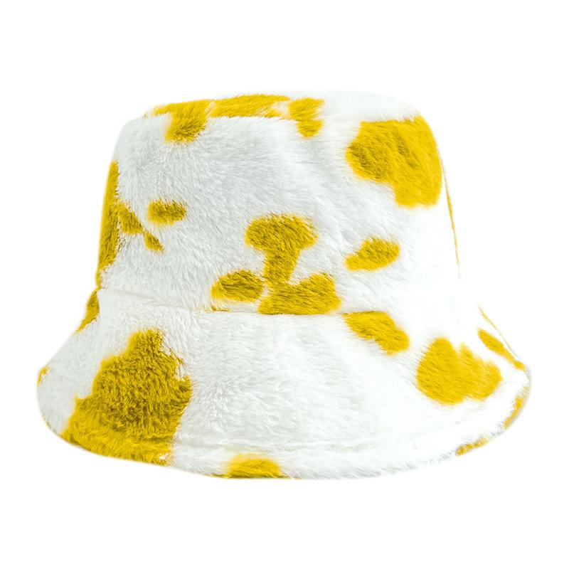 Autumn and Winter Hat Female Sweet Cute Cow Plush Bucket Hat Big Head Circumference Warm Thickened Plush Basin Hat Bucket Hat