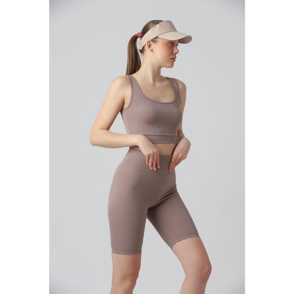 Black Comfortable Flexible Ribbed Sports Bra - Biker Tights Set