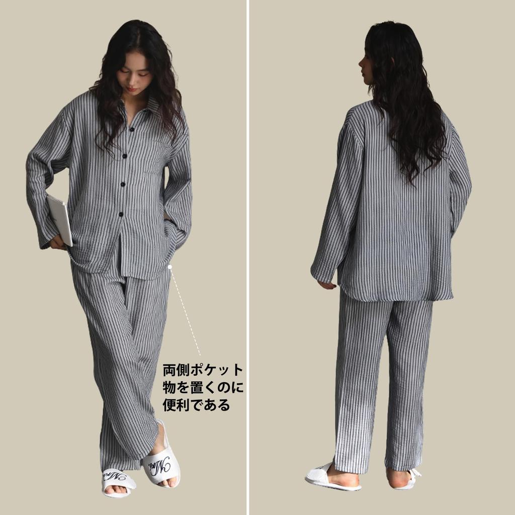 PeiYA Long Sleeve Double Gauze Cotton Front Loose Fitted Top and Bottom Set Women's 100% Pajamas, Open-Collar Opening,