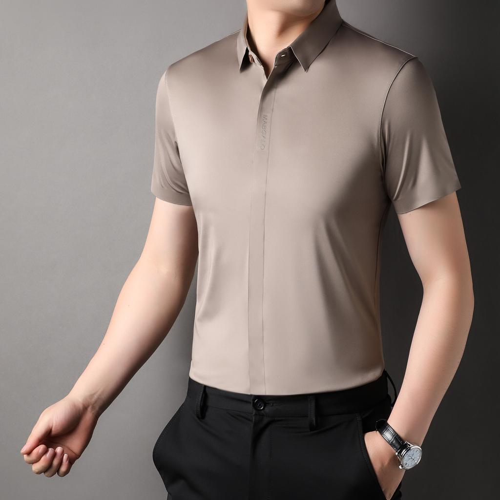 2025 Лето Мужская Однотонная Рубашка Мужская Деловая Платье Гавайские Рубашки Лето Мужская Свободная Блузка с Коротким Рукавом