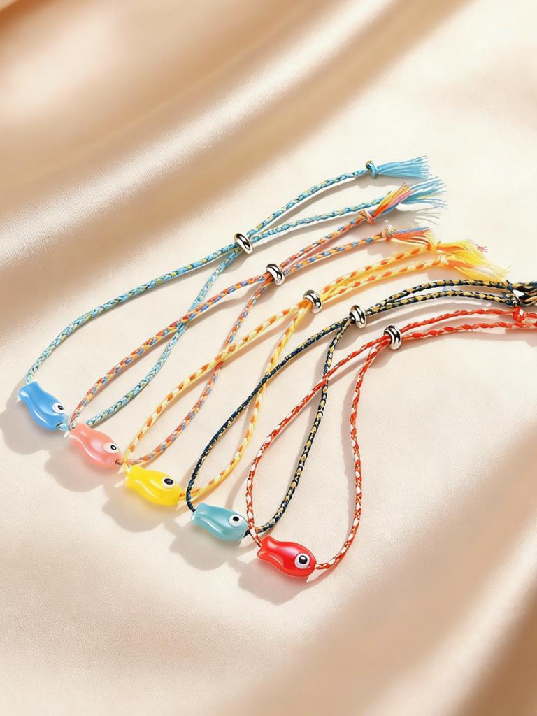 Trendy Multicolored Ceramic Fish Bracelet for Women Adjustable Handmade Woven Rope Wristband Bobo Jewelry Summer Beach Party