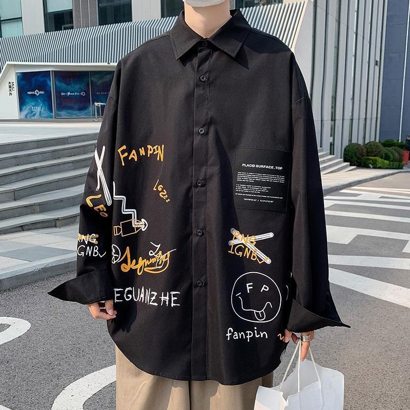 Осень Весна Новая Корейский Стиль Принт Мода Повседневная Рубашка Мужская Длинный Рукав Харадзюку Граффити Блузка Свободная Уличная Одежда Мужская Одежда