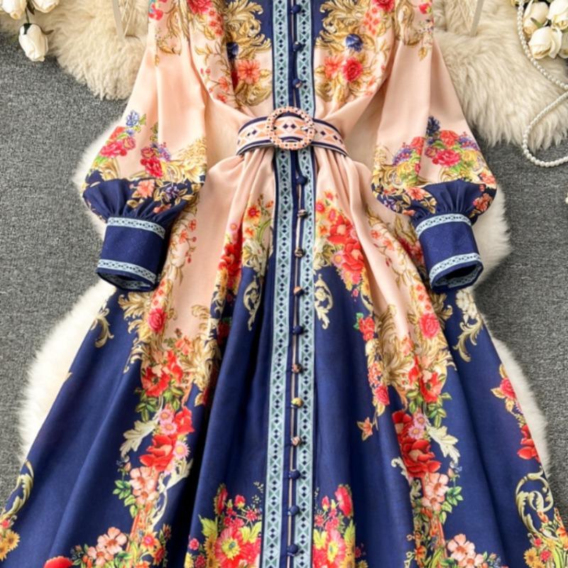 Fahison новые однобортные женские платья с принтом во французском стиле, весенне-осенние длинные платья, винтажное вечернее платье трапециевидной формы для женщин