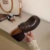 Fashion Women's New Leather Cowhide Round Toe Mid Heel Metal Belt Buckle College Style Single Shoe Thick Sole Retro Casual Shoes