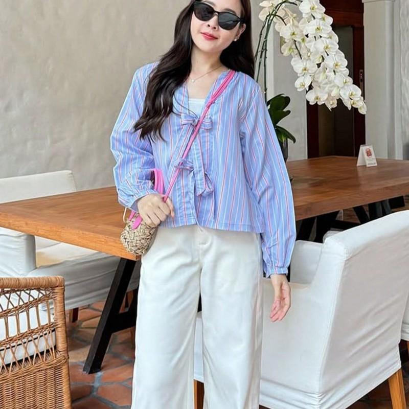 Womens Loose Fit Striped Round Neck Shirt With Bow Detail Casual Top