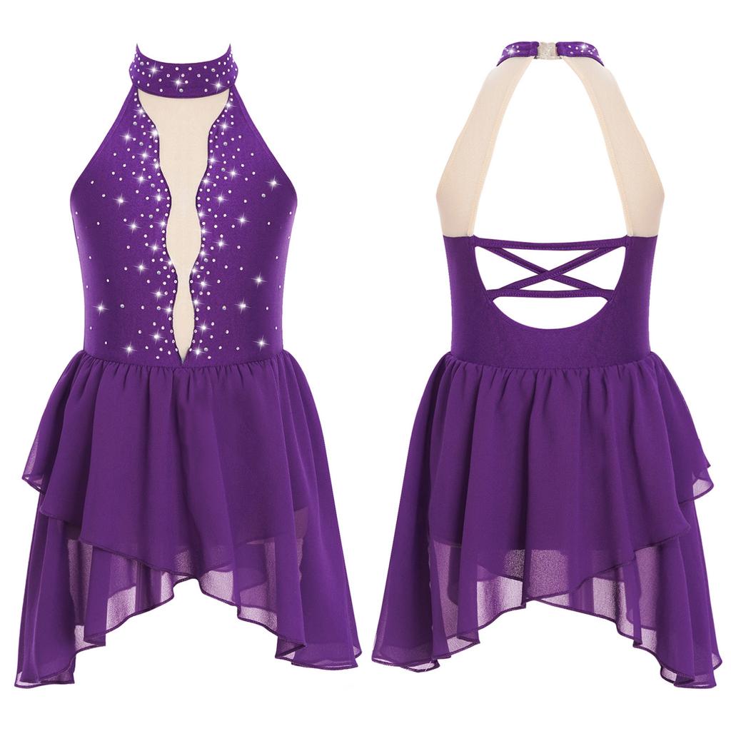 Kids Girls Rhinestone Lyrical Dance Costume Sheer Mesh Patchwork Sleeveless Irregular Hem Dress Dancewear