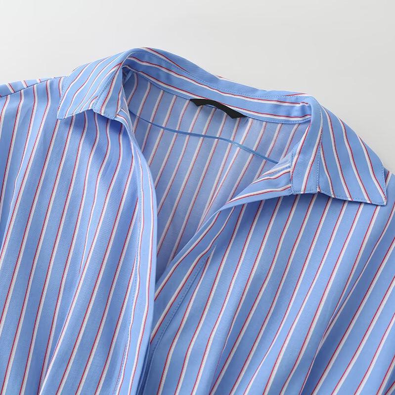 European and American style, new women's fashion, fashionable, fashionable striped poplin pleated shirt