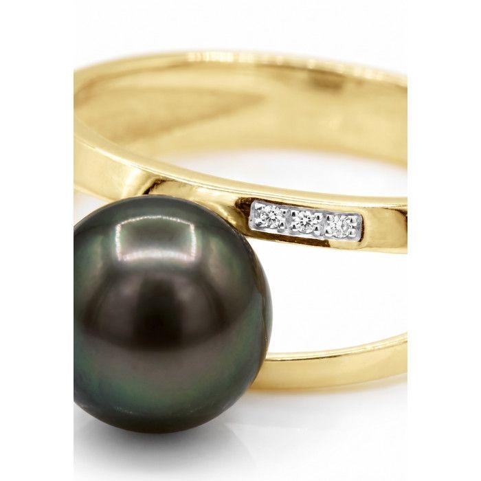 Bague - Pearls & Colors - Perle de Culture de Tahiti 9-10 mm - Or Jaune 375/1000 - Qualité A+ - Diamant - Femme