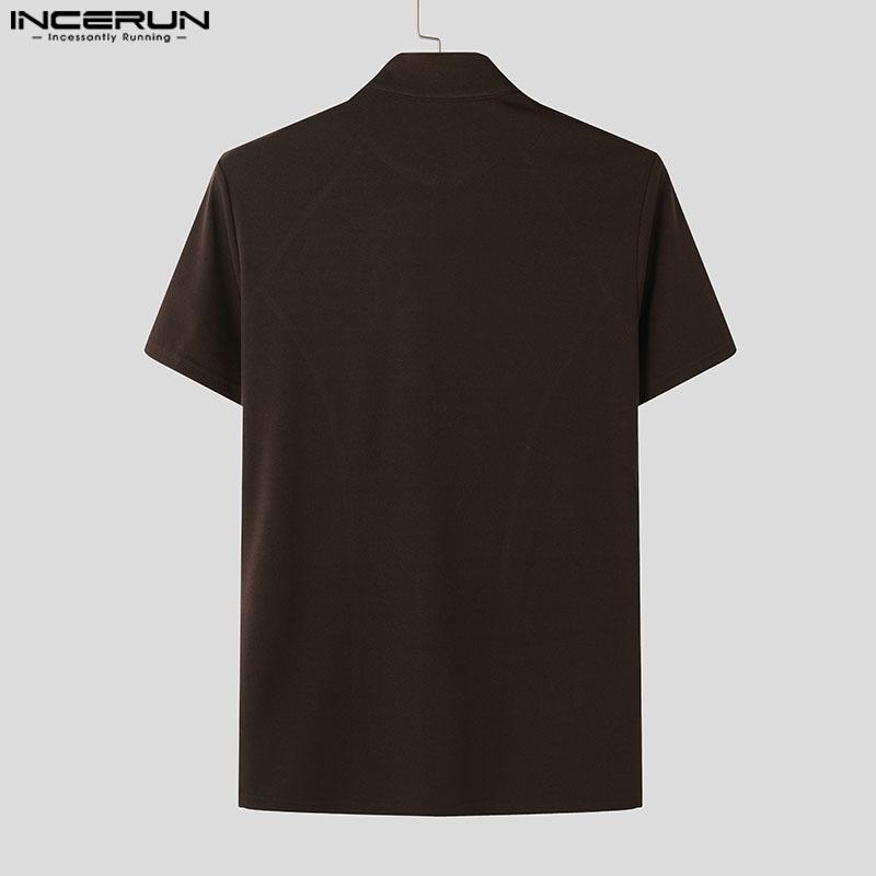 INCERUN Мужские летние футболки с высоким воротом и коротким рукавом на молнии