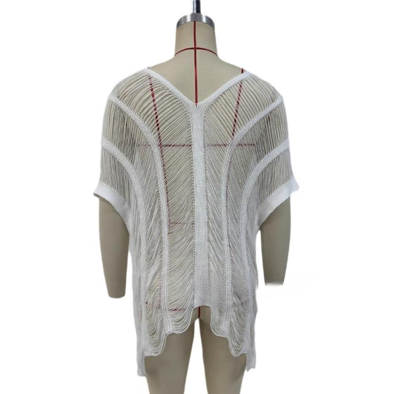 Plus Size Women's Summer Solid Color Sexy Knitted Beach V Neck Hollow Bikini Smock