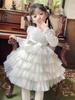 Girls' White Mesh Bow Princess Dress with Sequins and Fleece Lining - Autumn/Winter Sweet Puffy Dress
