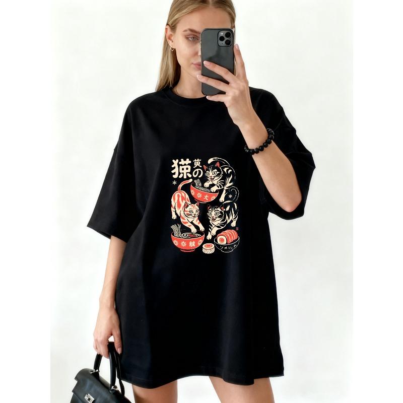 Oversized T Shirt Black Cats Eating Ramen And Sushi Japanese Style Print For Casual Wear