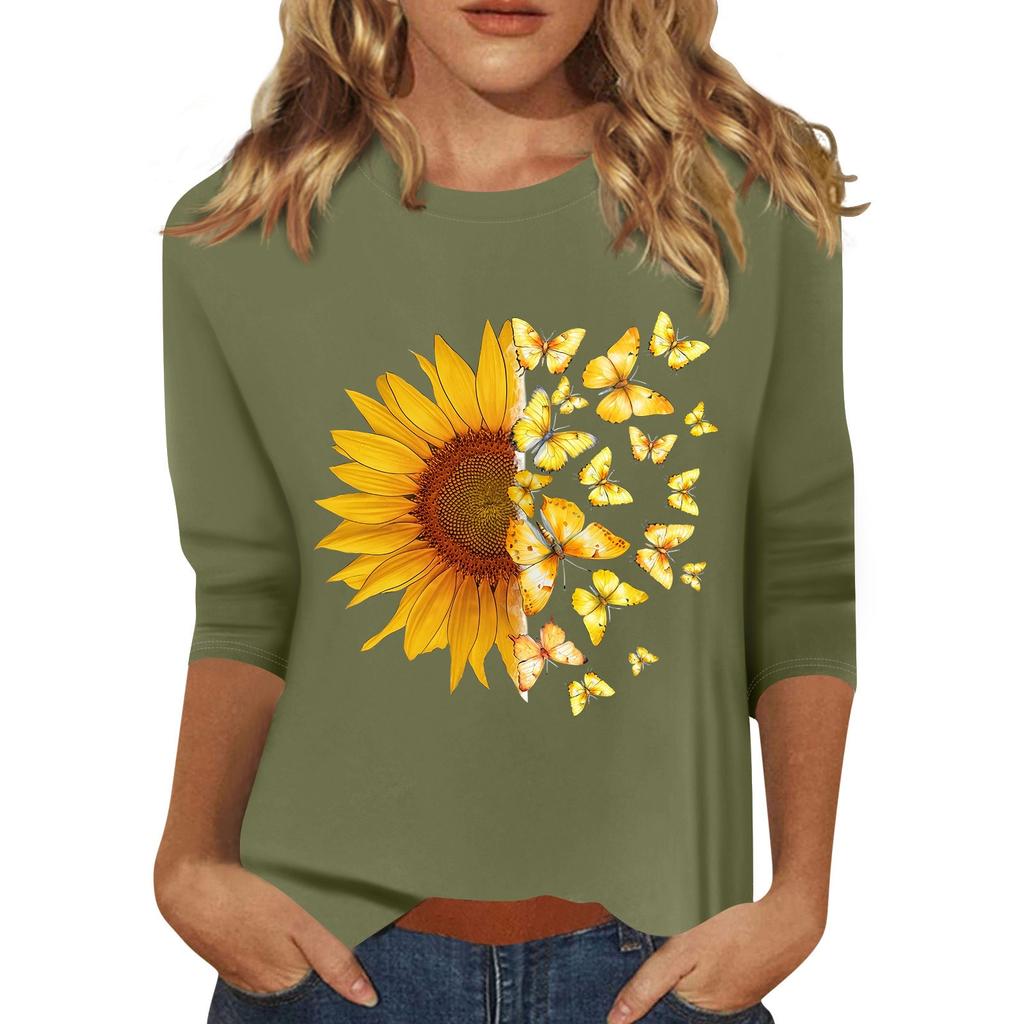 Женская мода повседневный принтованный топ с семью рукавами и круглым вырезом