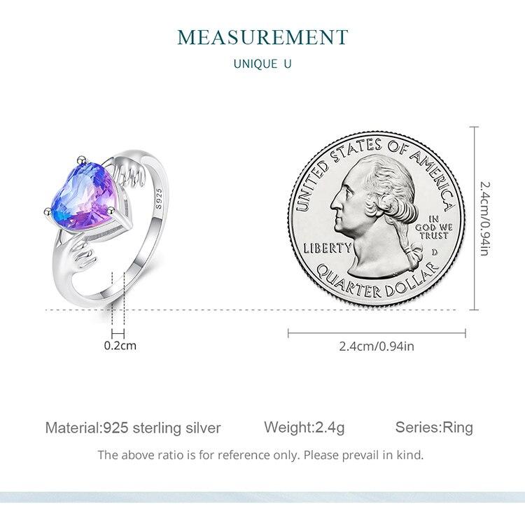 BAMOER стерлингового серебра 925 пробы фиолетовое сердце Guardian руки палец кольцо для женщин подарок на день Святого Валентина романтические изящные ювелирные изделия