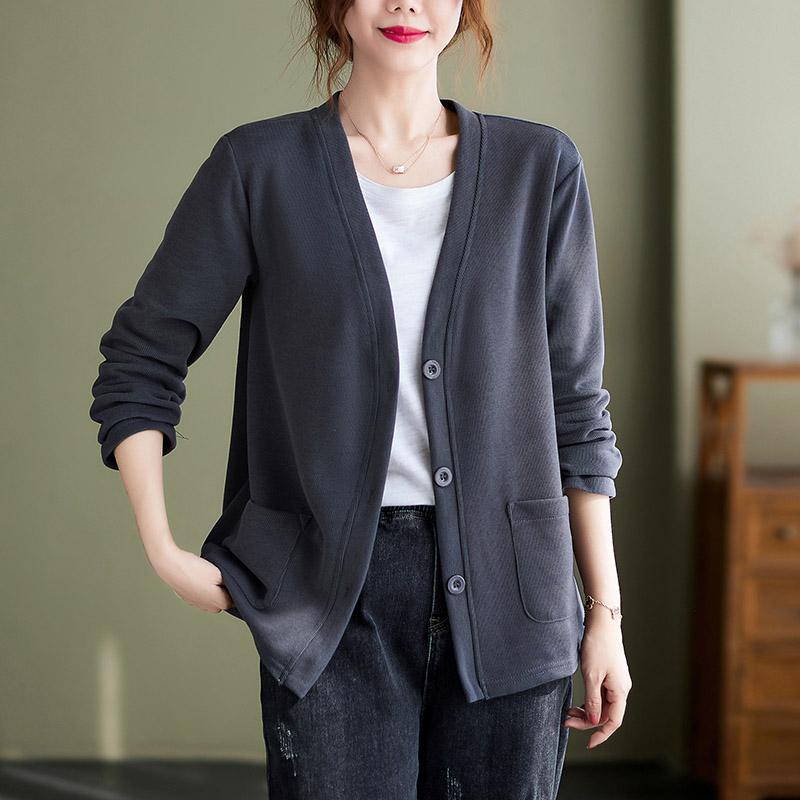 Свитер для женщин, осенний хлопковый вязаный свободный кардиган свободного покроя с V-образным вырезом, женский свободный свитер с длинным рукавом на пуговицах