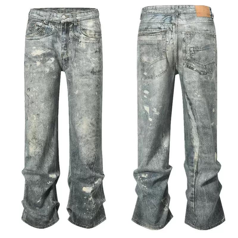 High Street прямые потертые грязные рваные синие джинсы брюки для мужчин винтажные повседневные свободные джинсовые брюки потертые лоскутные брюки-карго