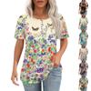 Women's Fashionable Casual Short Sleeve Button Floral Print Round Neck Pullover Top
