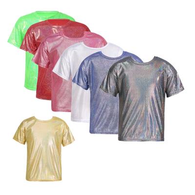 Детская повседневная футболка с коротким рукавом с металлическим блеском для девочек и мальчиков, блестящие топы для джазовых танцев