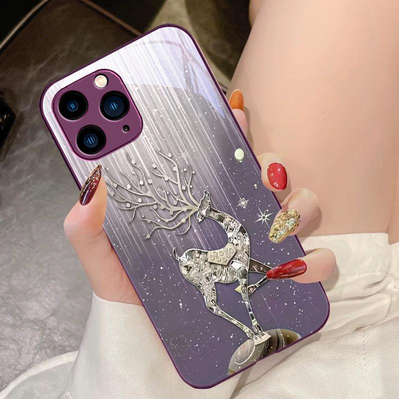 Роскошный Чехол для Телефона из Закаленного Стекла Deer Синий Розовый Для iPhone 16 Pro Max 15 Pro 14 13 12 Mini 11 XS Max XR 7 8 Plus SE 2022