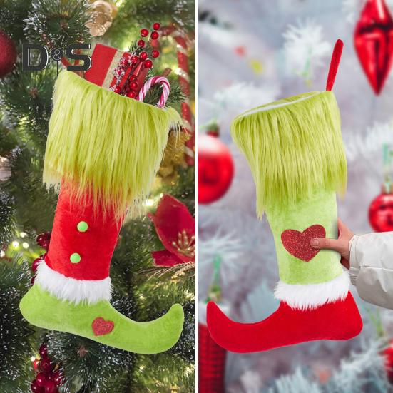 Рождественские чулки, плюшевые зеленые меховые носки, чулки в виде гномов, подвесные украшения для рождественской елки, зимние праздничные подарочные пакеты для украшения дома