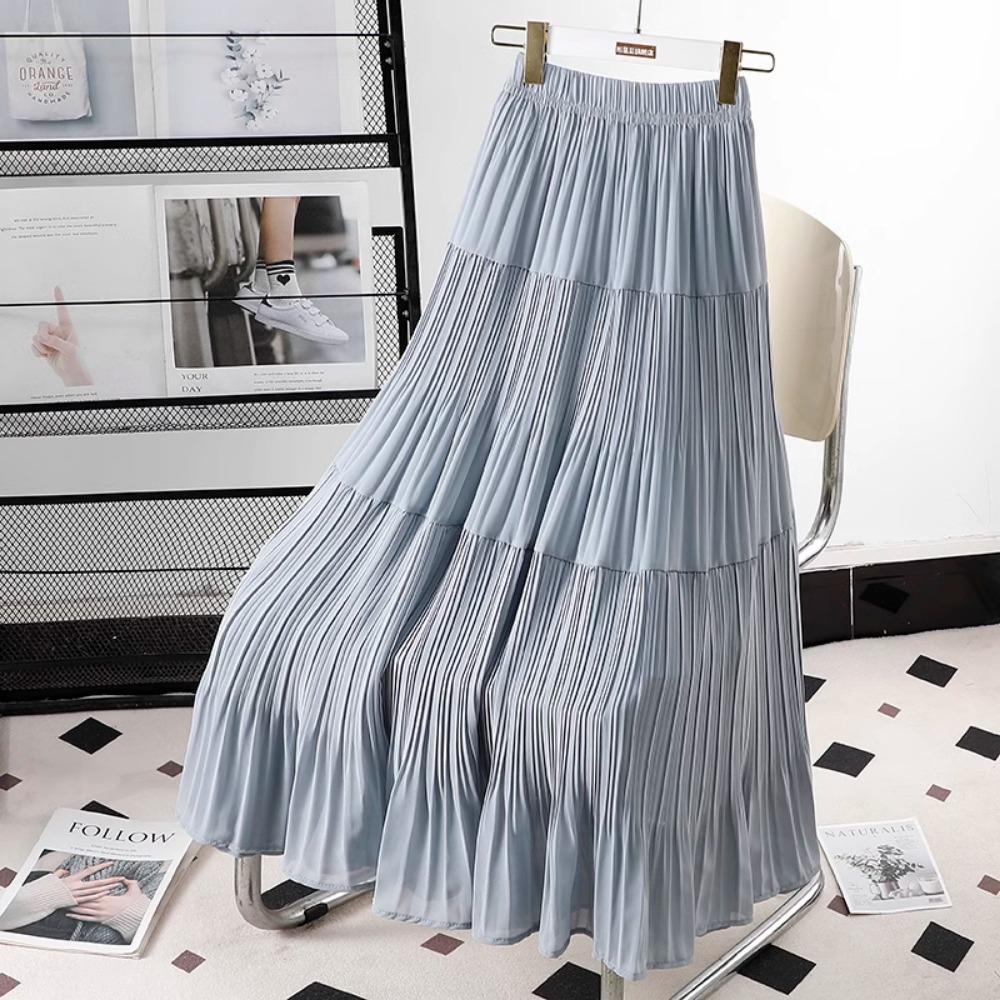 Dimanaf 2025 Summer Women New Skirts Chiffon Solid Elastic Waist Pleated Mesh Elegant Skirts