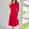 Women's Casual Fashion Round Neck Three Quarter Sleeve Solid Color Midi Dress