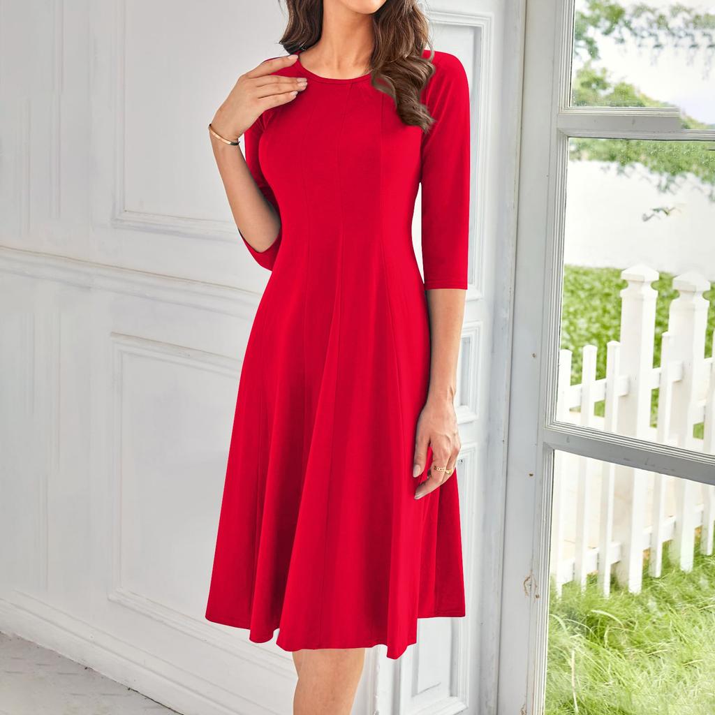 Women's Casual Fashion Round Neck Three Quarter Sleeve Solid Color Midi Dress