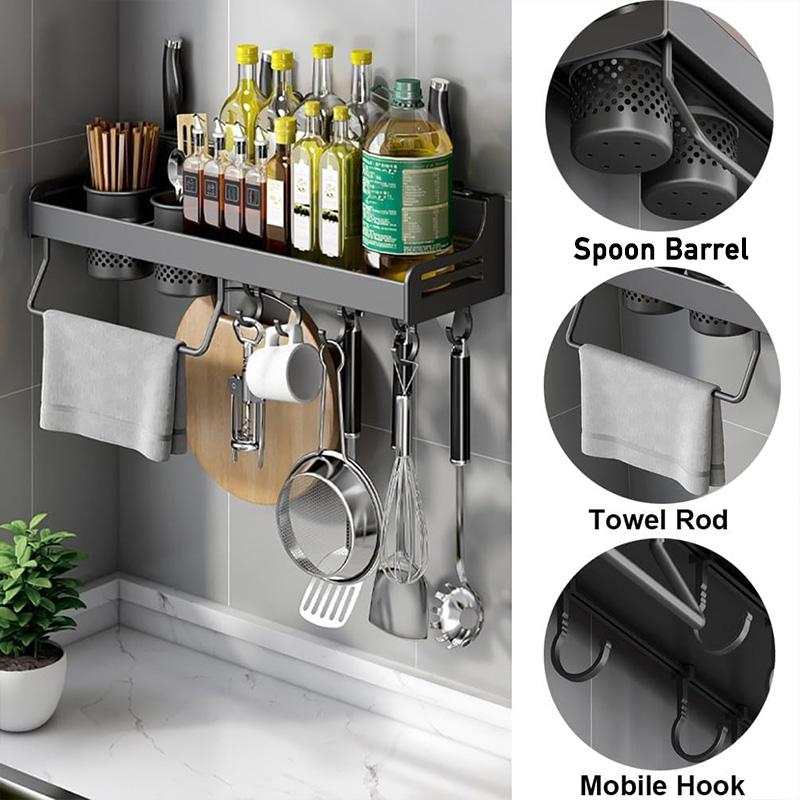 Kitchen Organizer Shelf Wall Mounted Spice Rack Seasoning Holder Dishcloth Towel Rack Knife Spoon Fork Shovel Storage Shelves