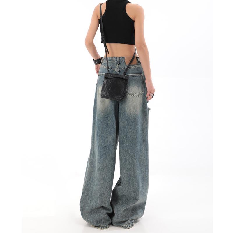 Women's Spring and Summer Broken Jeans Straight Loose Wide-leg Pants