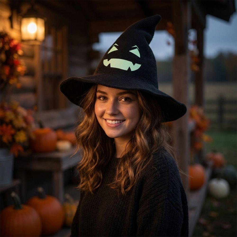 Glow Knit Halloween Witch Hat Wide Brim Pumpkin Witch Cap Simple Halloween Costume Hat Masquerade